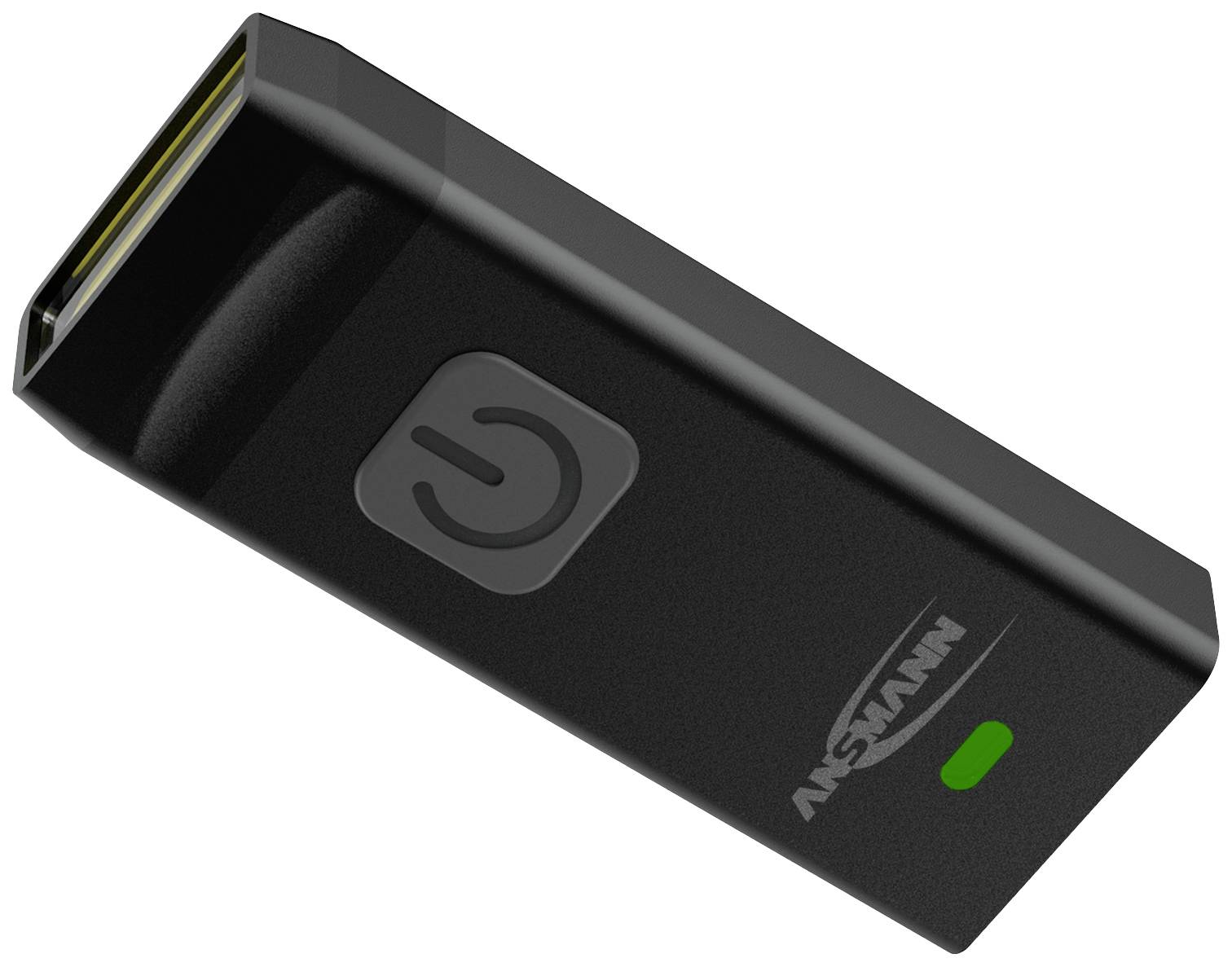 Schwarzer USB-Stick mit Ein-/Ausschalter-Symbol. Ein grünes Licht zeigt an, dass das Gerät aktiv ist.