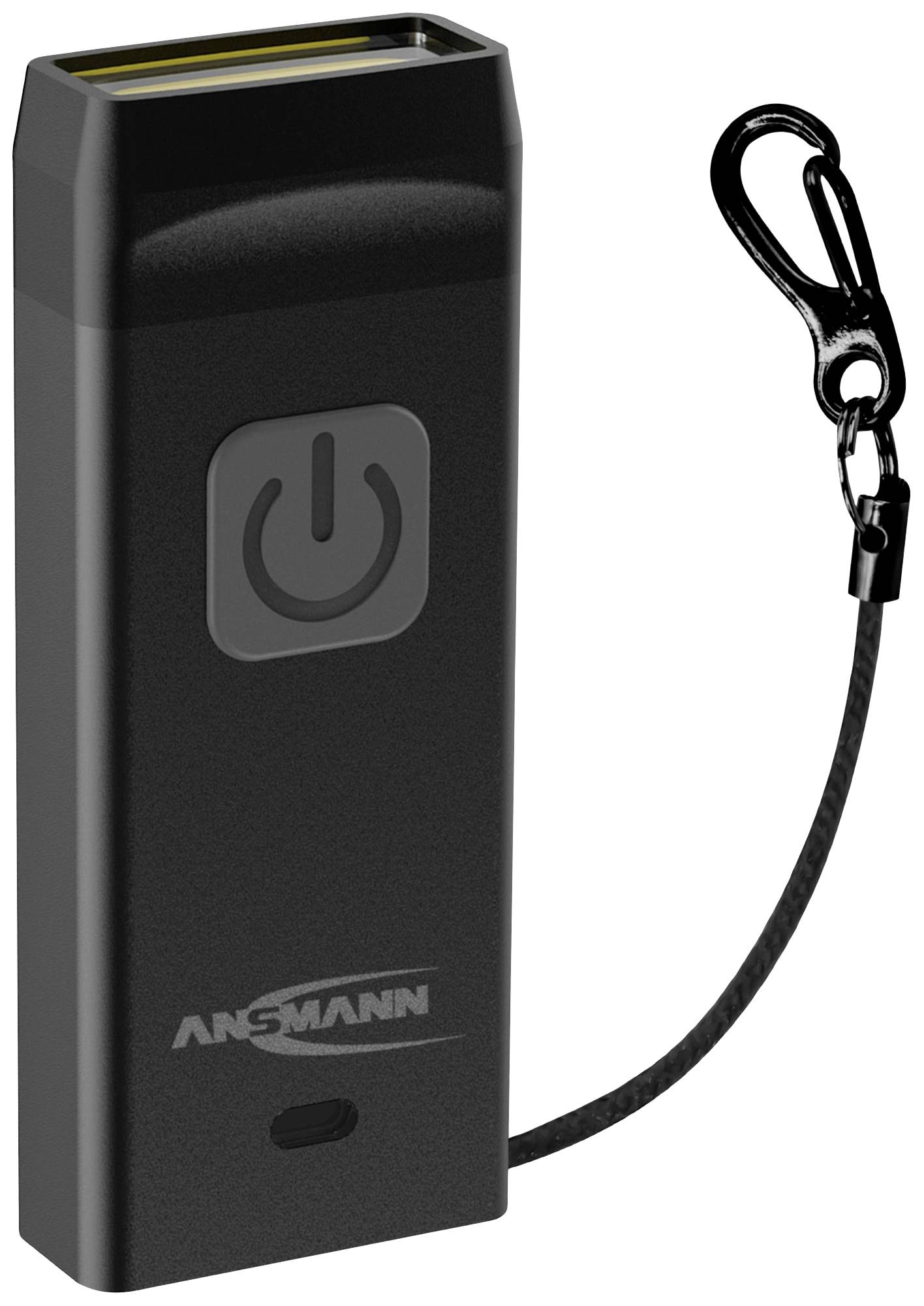 Kompakte schwarze Powerbank mit Kippschalter und Karabinerhaken zum Befestigen. Ideal für mobiles Laden von Geräten.