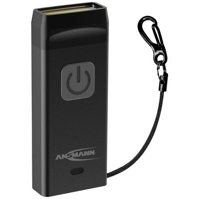 Kompakte schwarze Powerbank mit Kippschalter und Karabinerhaken zum Befestigen. Ideal für mobiles Laden von Geräten.