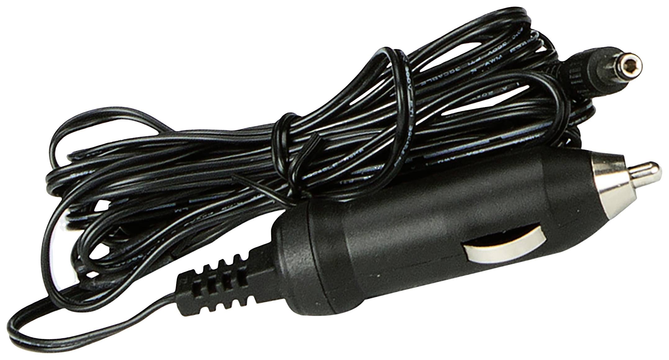 'Schwarzes Stromkabel mit Zigarettenanzünder-Stecker. Verwendet für die Stromversorgung von Geräten im Auto.'