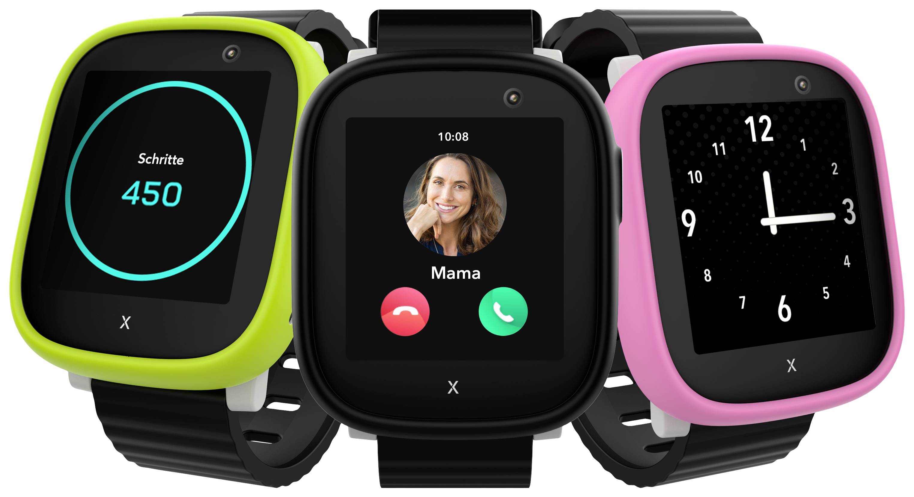 Drei Smartwatches: Links eine mit Schrittzähler (450 Schritte), Mitte zeigt Anruf von 'Mama', rechts eine Digitaluhr (10:08).