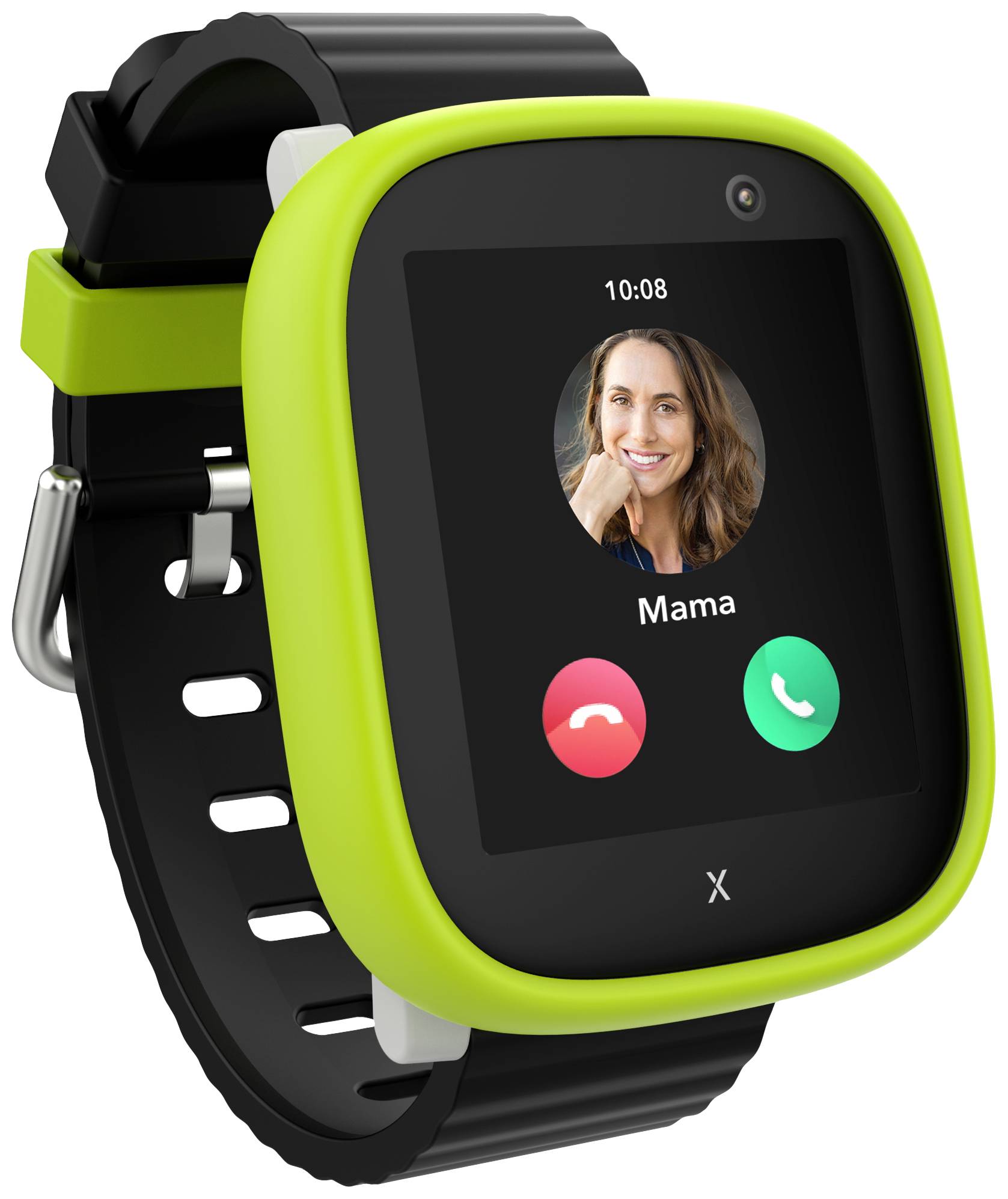 Smartwatch mit grünem Rahmen zeigt einen eingehenden Anruf von 'Mama' auf dem Display. Zwei Schaltflächen: Annehmen (grün), Ablehnen (rot).