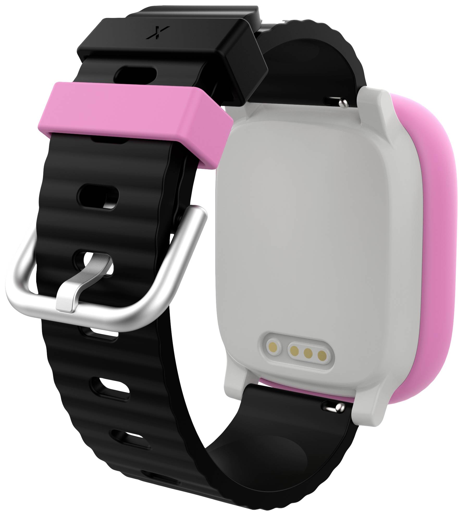 Eine Smartwatch mit schwarz-pinkem Armband und silberner Schnalle, die Rückseite zeigt einen Ladeanschluss.