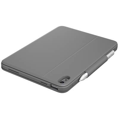 Ein graues Tablet mit einem Touch-Stift in der Halterung an der Seite, Rückkamera sichtbar, auf einer weißen Oberfläche liegend.