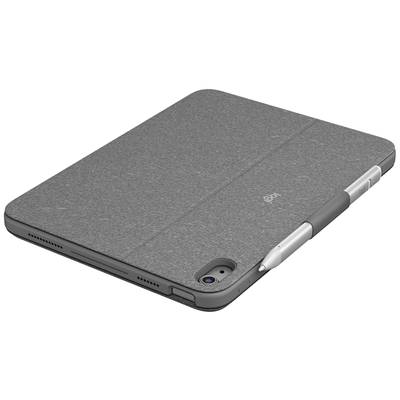Ein Tablet mit einer grauen Hülle und einem darauf angebrachtem Eingabestift liegt mit der Rückseite nach oben.