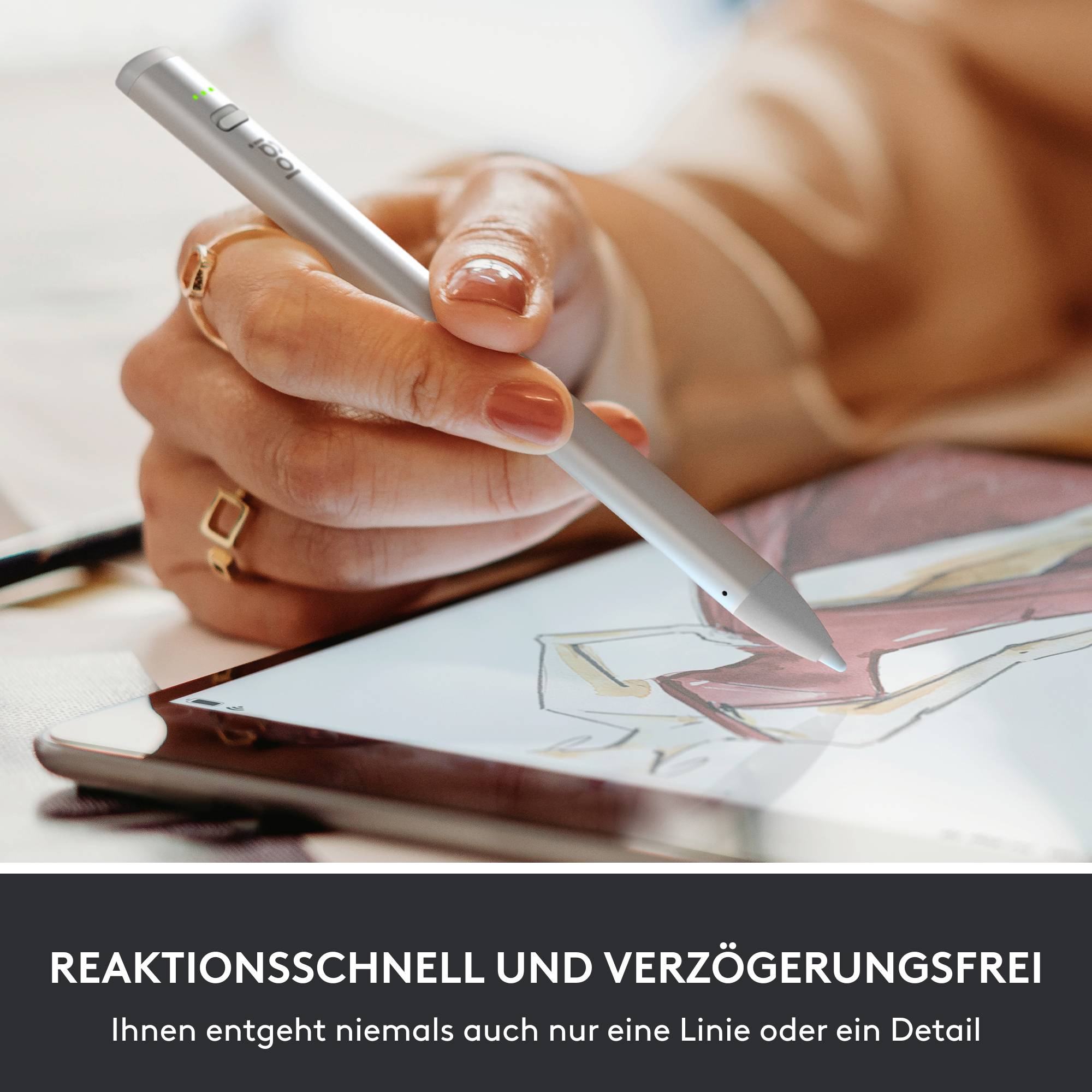 Eine Hand hält einen Stylus über einen Tablet-Bildschirm, auf dem eine Zeichnung sichtbar ist. Text: 'Reaktionsschnell und verzögerungsfrei'.
