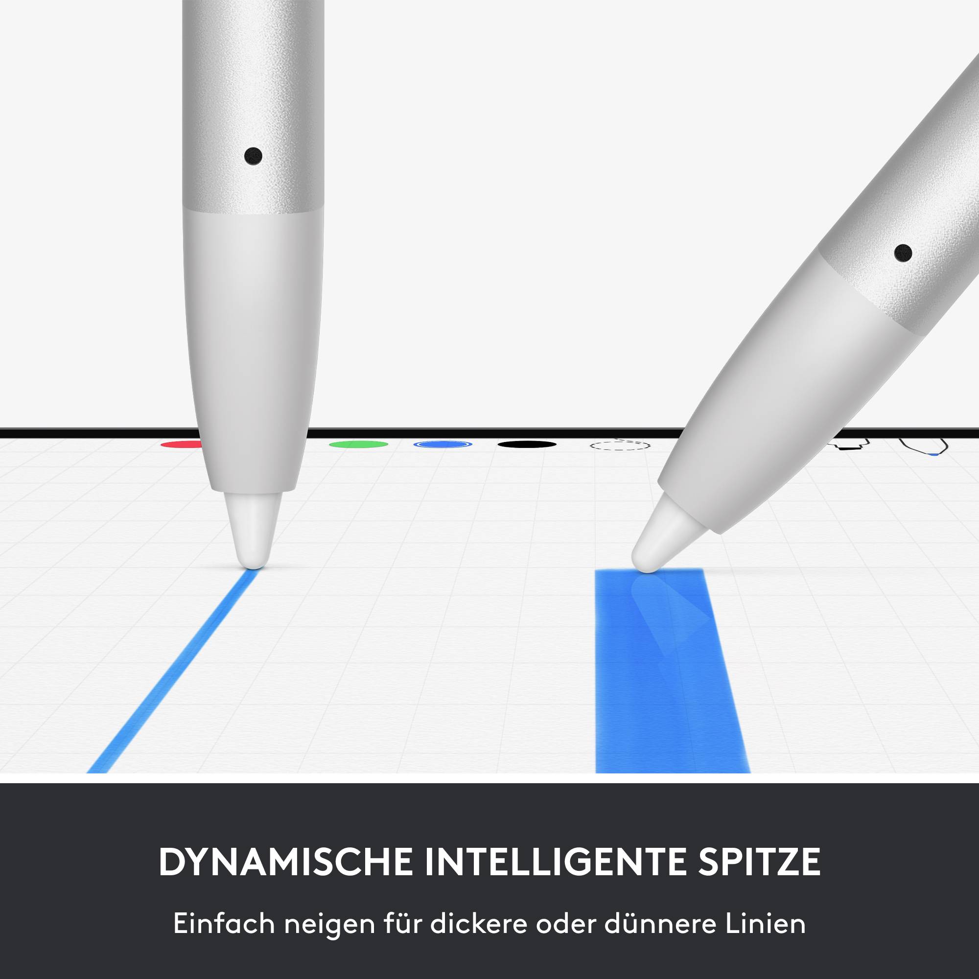 Zwei graue Stifte zeichnen blaue Linien auf einem digitalen Bildschirm. Text darunter: 'Dynamische intelligente Spitze' für variable Linienbreiten.
