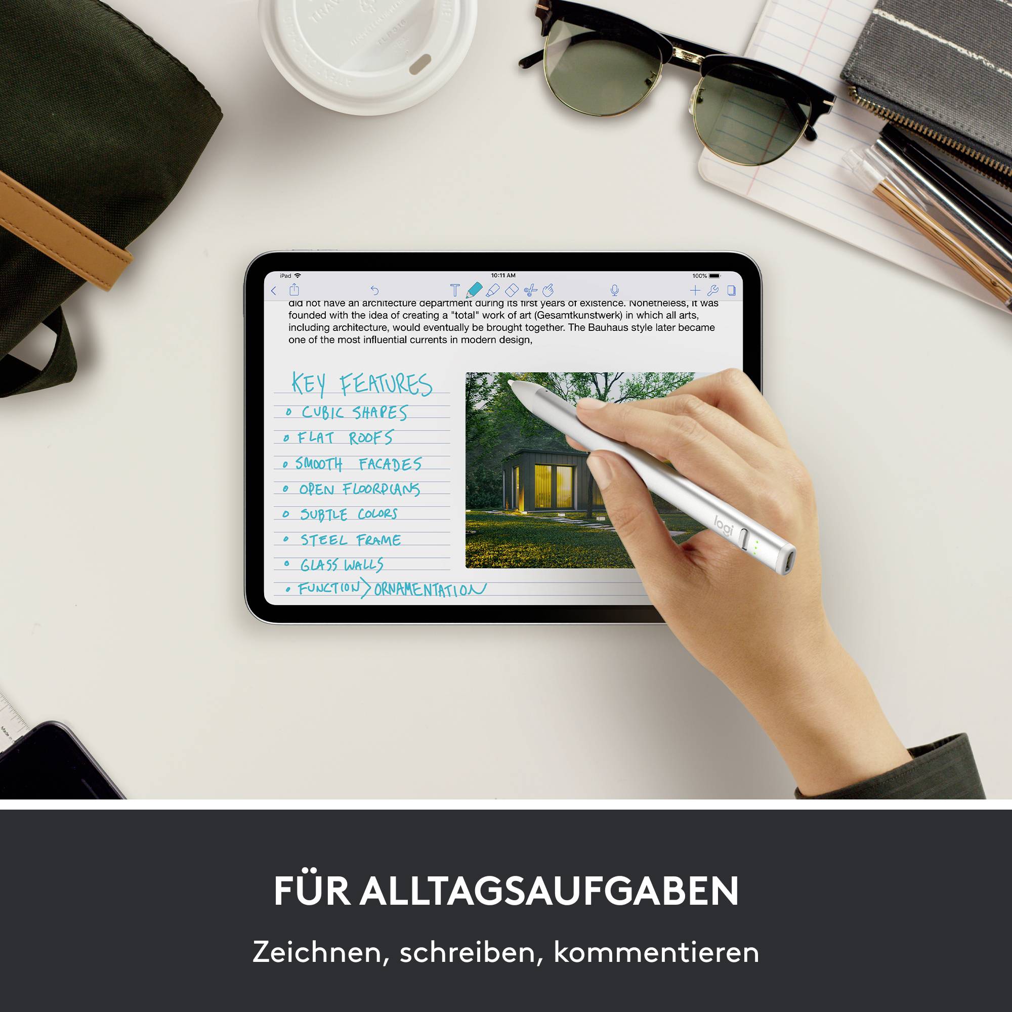 Ein Tablet mit einer Hand, die mit einem Stift auf dem Bildschirm schreibt. Darunter der Text 'Für Alltagsaufgaben: Zeichnen, schreiben, kommentieren'.
