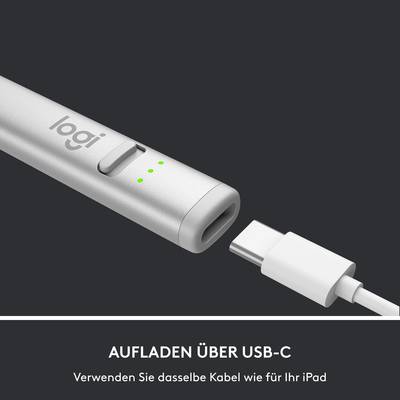 Auf dem Bild ist ein silberner Stift mit der Aufschrift 'logi' und einer USB-C-Ladestation zu sehen. Text: 'Aufladen über USB-C. Verwenden Sie dasselbe Kabel wie für Ihr iPad'.