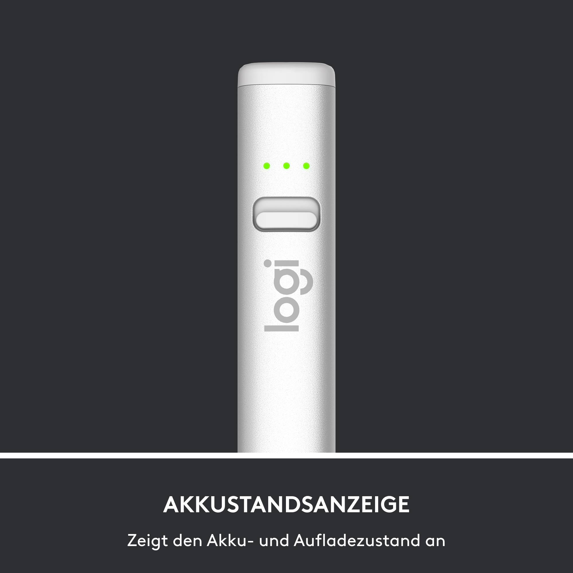 'Stift mit Logo und drei grüne Lichter, darunter Text: Akkustandanzeige – zeigt den Akku- und Aufladezustand an.'