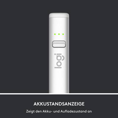 'Stift mit Logo und drei grüne Lichter, darunter Text: Akkustandanzeige – zeigt den Akku- und Aufladezustand an.'