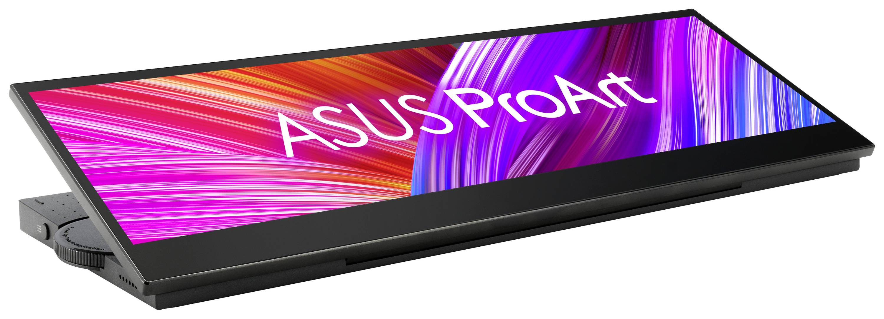 Ein ASUS ProArt Monitor mit einem farbenfrohen, abstrakten Hintergrund.