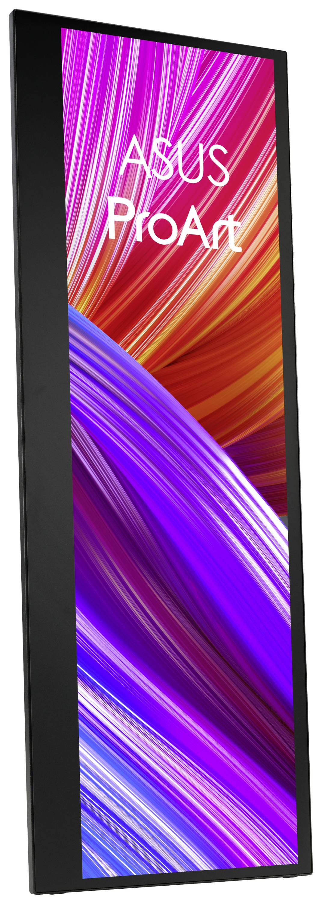 Ein Monitor mit der Aufschrift 'ASUS ProArt' in der Mitte. Der Bildschirm zeigt bunte diagonale Linien in Rot, Lila und Blau.