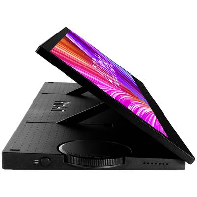 Ein Grafiktablett mit geneigtem Display und leuchtendem Bild. Es hat einen großen Drehregler an der Seite und zwei Standfüße.