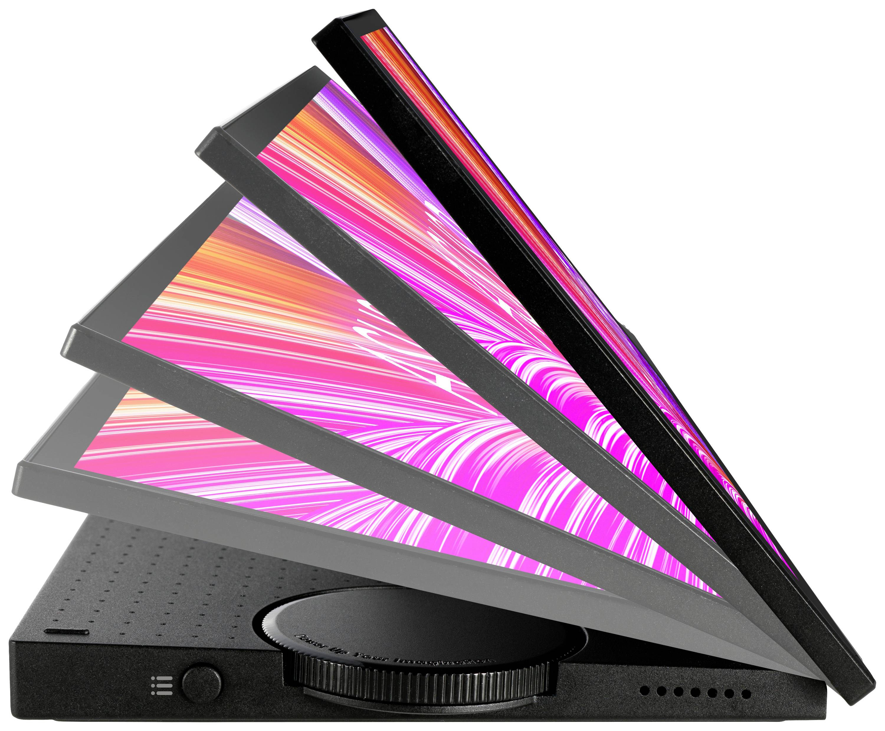 Ein Tablet mit verstellbarem Touchscreen wird in verschiedenen Winkeln gezeigt, um die Flexibilität des Displays zu demonstrieren.