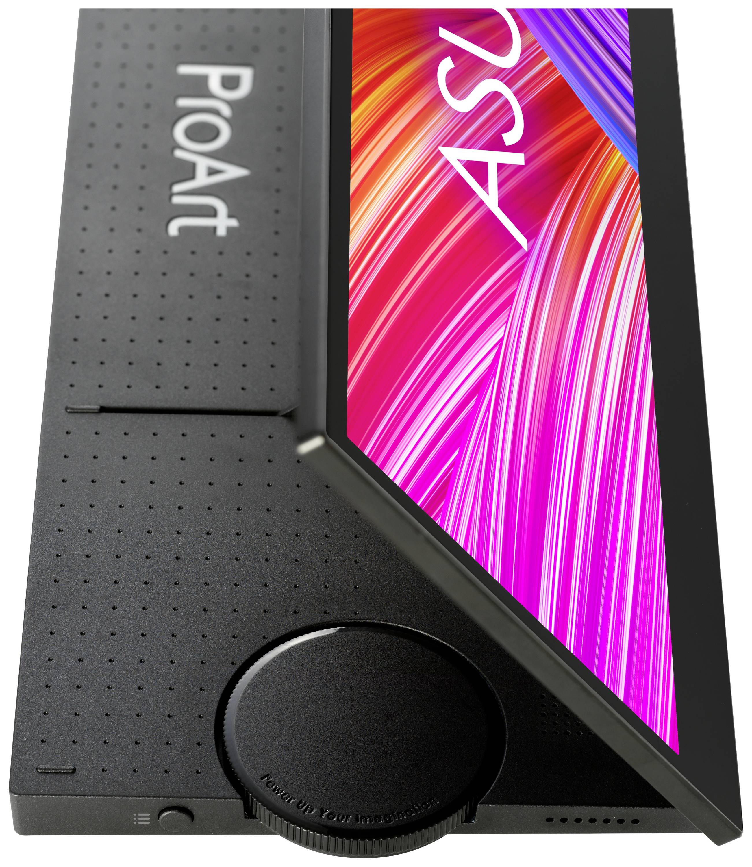 Ein schlanker, schwarzer Monitor von ASUS mit leuchtendem Display, der das Wort 'ProArt' an der Seite zeigt.