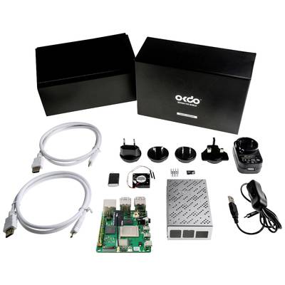 Ein Raspberry Pi Starterkit mit einem Raspberry Pi, Stromadapter, Kabeln, Gehäuse, und kleinen Zubehörteilen.