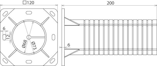 Technische Zeichnung eines quadratischen Flansches mit runder Öffnung und Beschriftungen der Maße: 120x120 mm, Durchmesser 68 mm.