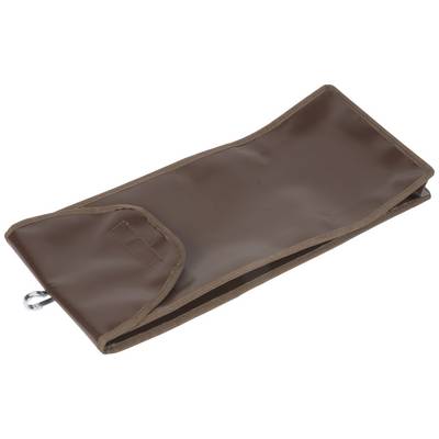 Braune, zusammengefaltete Tasche mit Metallschlaufen.