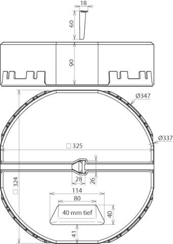 Technische Zeichnung eines runden Behälters mit Maßen: Durchmesser 337 mm, Tiefe 40 mm. Weitere Details wie Höhe und Positionen angegeben.