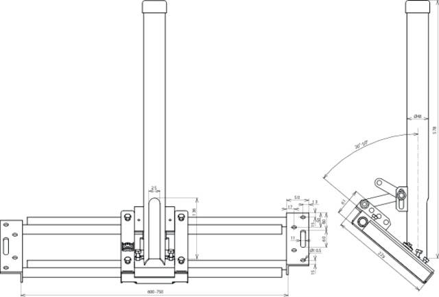 Technische Zeichnung eines mechanischen Arms mit detaillierten Maßen für den Bau oder die Montage, inklusive Ansichts- und Schnittansichten.