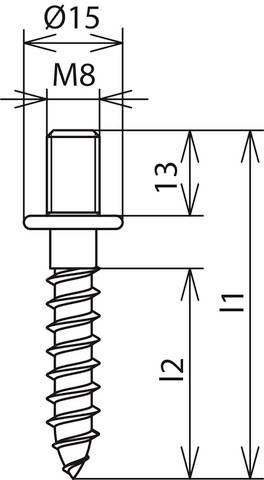 Technische Zeichnung einer Schraube mit sechseckigem Kopf, M8-Gewinde, Kopf-Durchmesser 15 mm, Längenmaße L1, L2, 13 mm.
