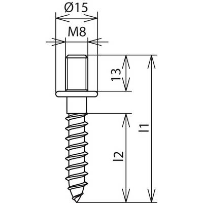 Technische Zeichnung einer Schraube mit sechseckigem Kopf, M8-Gewinde, Kopf-Durchmesser 15 mm, Längenmaße L1, L2, 13 mm.