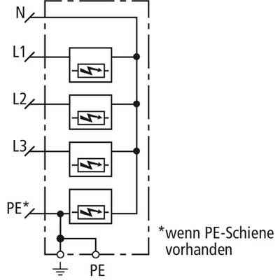 Schema einer elektrischen Schaltung mit Schutzschalter für N, L1, L2, L3 und optionalem PE. Hinweis: 'wenn PE-Schiene vorhanden'.