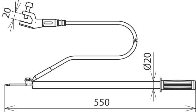 Technische Zeichnung eines langen Werkzeugs mit Griff rechts und verstellbarem Schraubenschlüssel links. Gesamtlänge 550 mm.