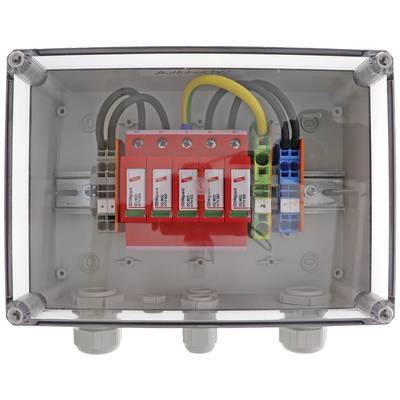 In einem transparenten Gehäuse sind elektrische Komponenten installiert, darunter mehrere Sicherungsautomaten.