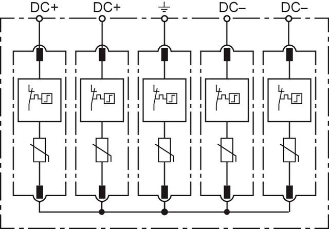 Schaltplan eines Gleichrichters mit fünf Diodenpaaren. Oben sind 'DC+' und 'DC-', sowie Masseverbindung dargestellt.