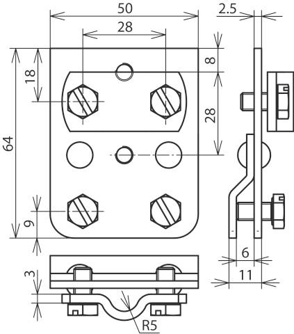 Technische Zeichnung eines Metallbeschlags mit Maßen: 50x64mm, zeigt Schraubenlöcher, Seitenansicht mit Befestigungselementen.