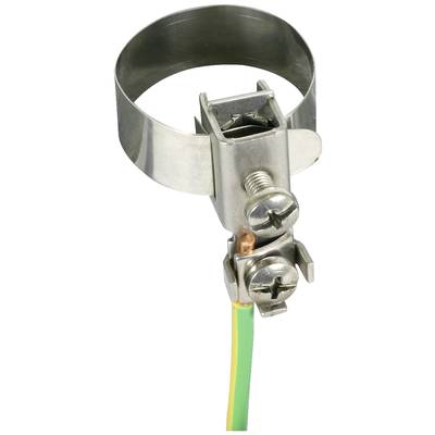 Metallische Erdungsklemme mit Kabel angeschlossen; dient zur Erdung von elektrischen Geräten und Schutz vor elektrischen Störungen.