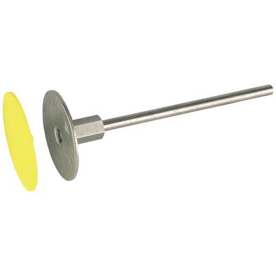 Metallische Halterung mit langem Stab und gelbem, rundem Kunststoffdeckel. Dient zur Befestigung auf Oberflächen.