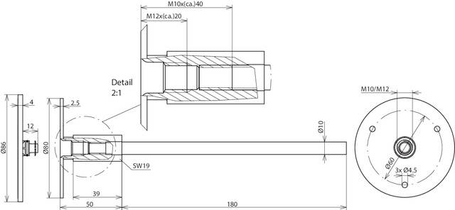 Technische Zeichnung eines zylindrischen Bauteils mit Maßen und Detailschnitt. Zeigt Montage und Spezifikationen wie Gewinde und Durchmesser.