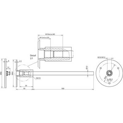 Technische Zeichnung eines zylindrischen Bauteils mit Maßen und Detailschnitt. Zeigt Montage und Spezifikationen wie Gewinde und Durchmesser.