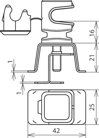 Technische Zeichnung eines Bauteils mit Abmessungen: 16, 21, 25, und 42 mm. Seitenansicht und Draufsicht zeigen Details des Designs.