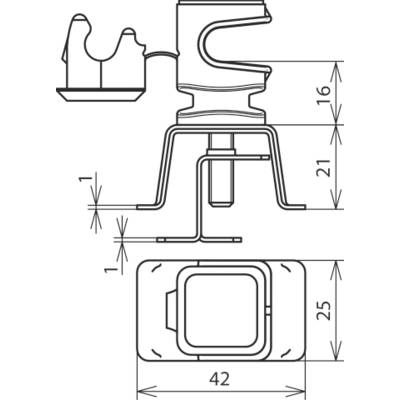 Technische Zeichnung eines Bauteils mit Abmessungen: 16, 21, 25, und 42 mm. Seitenansicht und Draufsicht zeigen Details des Designs.