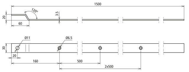 Technische Zeichnung eines Metallstabs mit Abmessungen: Länge 1500 mm, Breite 30 mm. Bohrlöcher bei 160 mm und 500 mm Abständen.