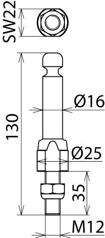 Technische Zeichnung eines Metallstifts mit Maßen: Länge 130 mm, Durchmesser 16 mm und 25 mm, Schlüsselweite SW22, Gewinde M12.