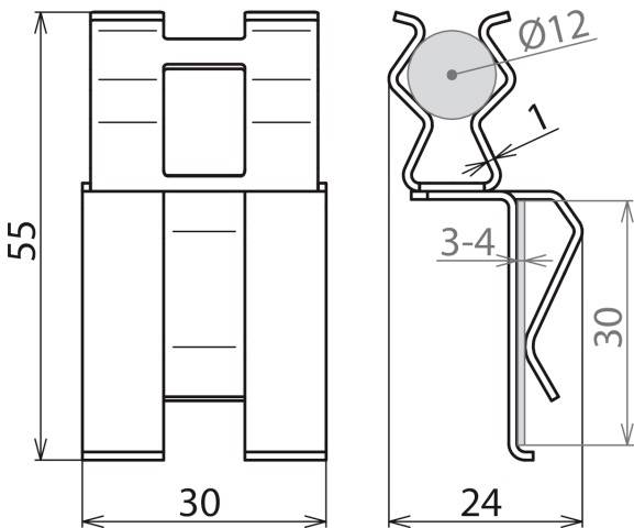 Technische Zeichnung eines Metallprofils mit Maßen: Höhe 55 mm, Breite 30 mm. Seitliche Ansicht zeigt Detaillierung mit Ø12 mm Loch.
