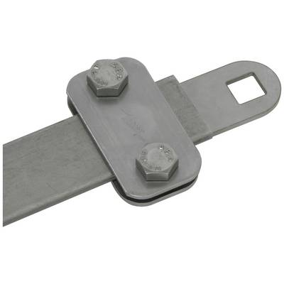 Metallplatte mit zwei Schrauben an einem flachen Metallstab. Die Platte hat ein rechteckiges Loch an einem Ende.