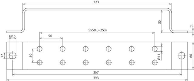 Technische Zeichnung einer Metallhalterung mit Abmessungen und Lochpositionen: Gesamtbreite 393 mm, Höhe 50 mm, Lochdurchmesser 11 mm.