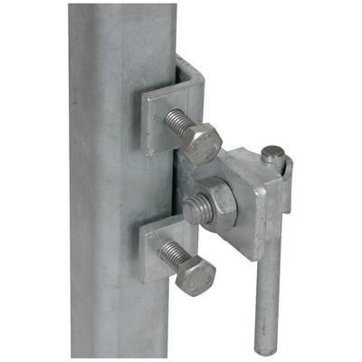 Metallhalterung mit zwei Bolzen und einer Klemme an einem Rohr. Geeignet für Befestigungsanwendungen im Bauwesen.