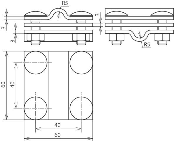 Technische Zeichnung eines Metallkronenelements mit Maßen: Höhe 60, Breite 40, Dicke 3 mm, sichtbar sind Seiten- und Draufsicht.