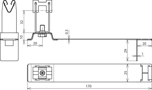 Technische Zeichnung einer Flachleuchte mit den Abmessungen 170 mm Länge und 25 mm Breite. Detaillierte Seitenansicht und Querschnitt.