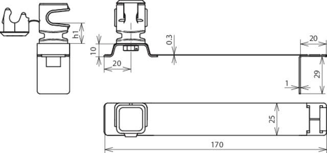 Technische Zeichnung einer Halterung mit Maßen: Höhe 10, Breite 20, Tiefe 29 Millimeter. Gesamtlänge der Baugruppe 170 Millimeter.
