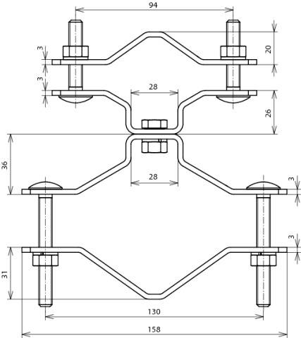 Technische Zeichnung eines symmetrischen Metallhalters mit Maßen und Schraubenpositionen. Oberer und unterer Teil sind identisch.