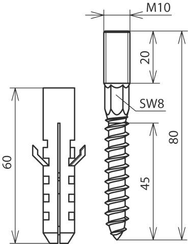 Technische Zeichnung eines Dübels mit Schraube. Der Dübel ist 60 mm lang, die Schraube 80 mm. Breite ist SW8, Gewindegröße M10.