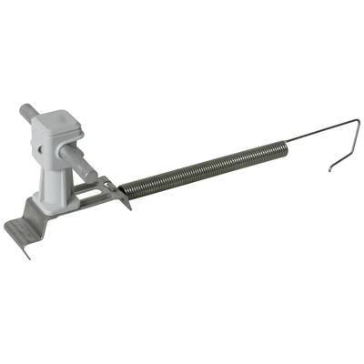 Metallfeder mit Haken und Plastikbefestigungselement, wahrscheinlich Teil eines mechanischen Geräts oder Werkzeugs.